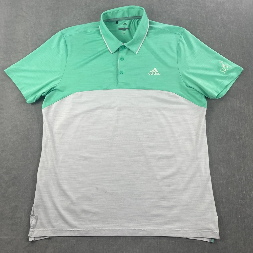 Adidas Men L Mint Green Gray Golf Polo Shirt‎ Colorblock Performance Logo